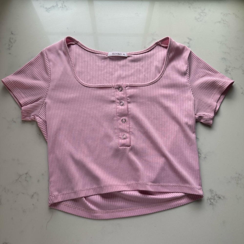 SUNRO lightweight ribbed pink Crop Top